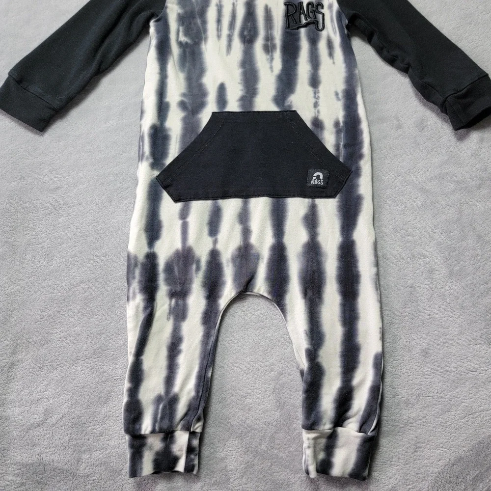 Rags Kids Black White Vertical Tie Dye Long Sleeve Hooded Romper Jumpsuit 18-24M